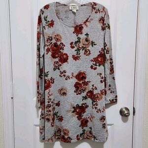 TMG New York Womens XL Long Sleeve Gray Red Floral Mini Sweater Dress Bloomcore